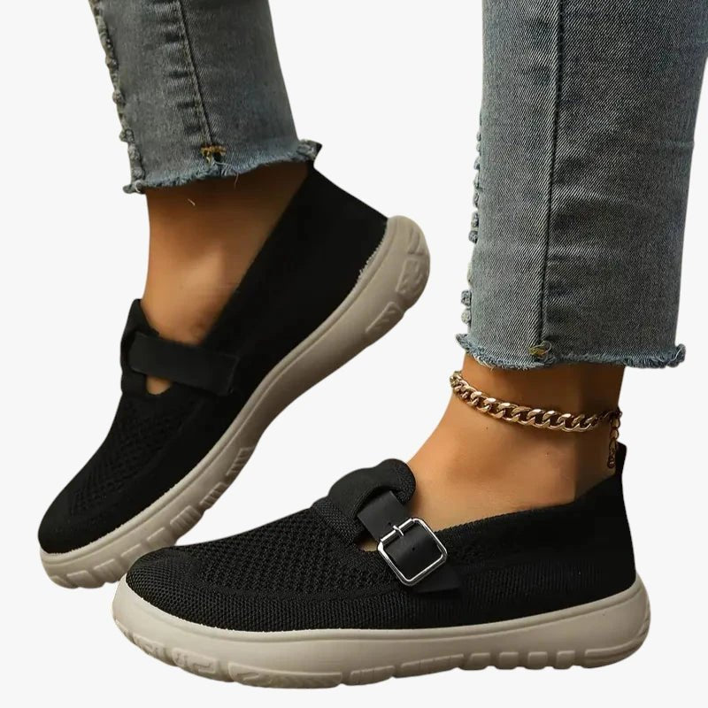 Women's Orthopedic Breathable Mesh Slip-On Sneakers with Adjustable Strap - Sort