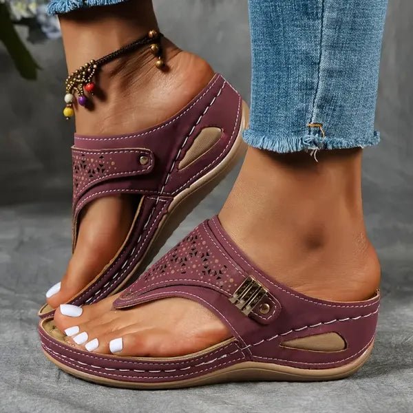 Women's Orthopedic Cushioned T-Strap Sandals - Bordeaux Red