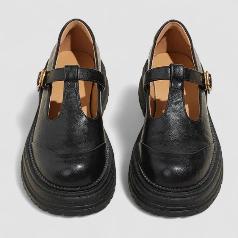 Women's Orthopedic Leather T-Strap Mary Jane Shoes - Black