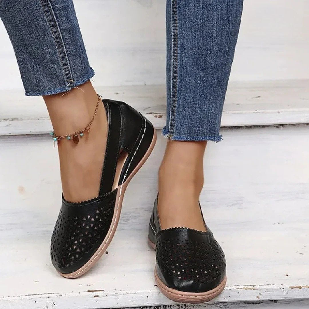 Women's Orthopedic Perforated Slip-On Walking Shoes - Black