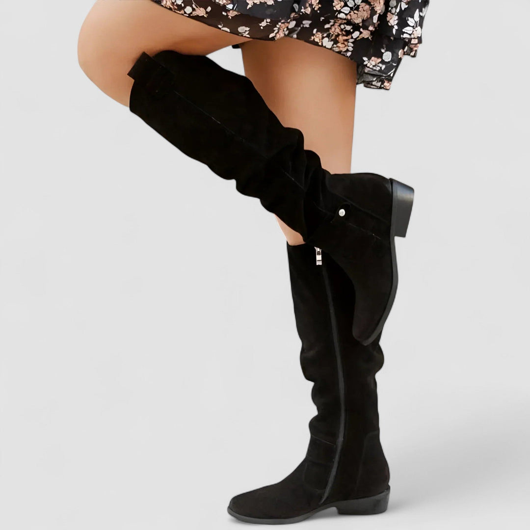 Women's Orthopedic Suede Knee-High Slouch Boots - Black
