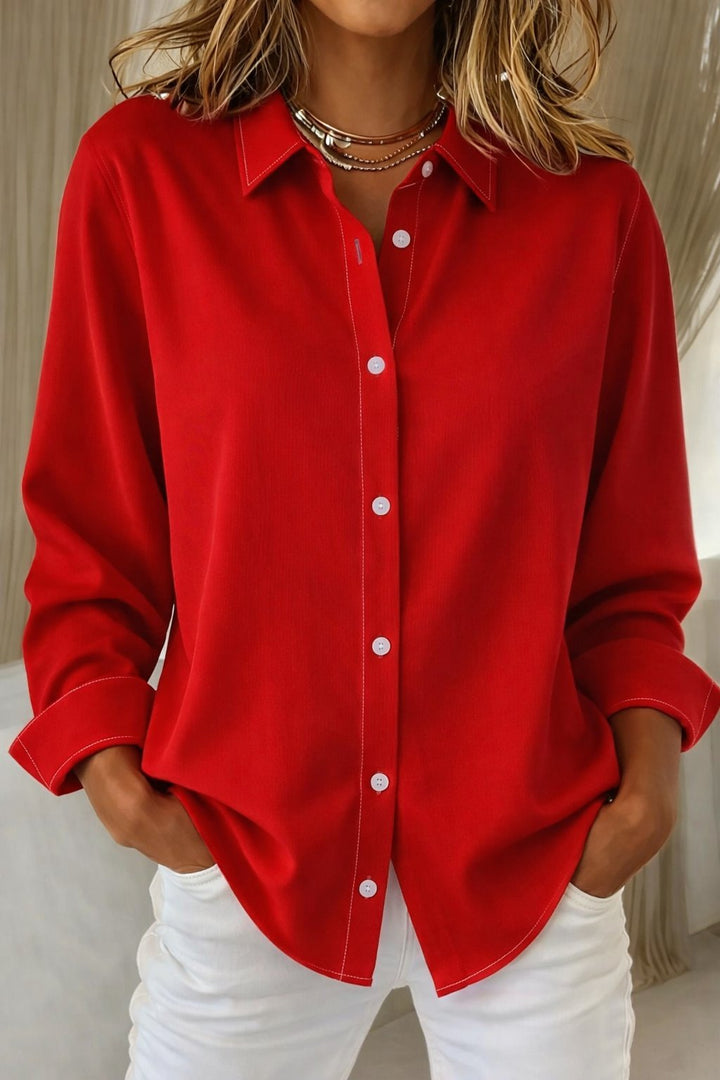 Women's Oversized Button-Down Long Sleeve Blouse - Red