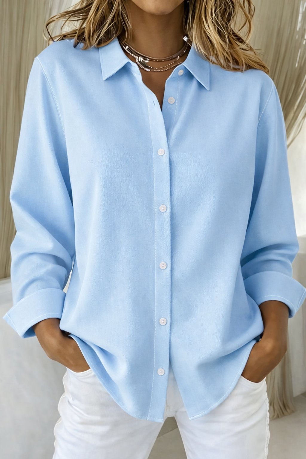 Women's Oversized Button-Down Long Sleeve Blouse - Blue