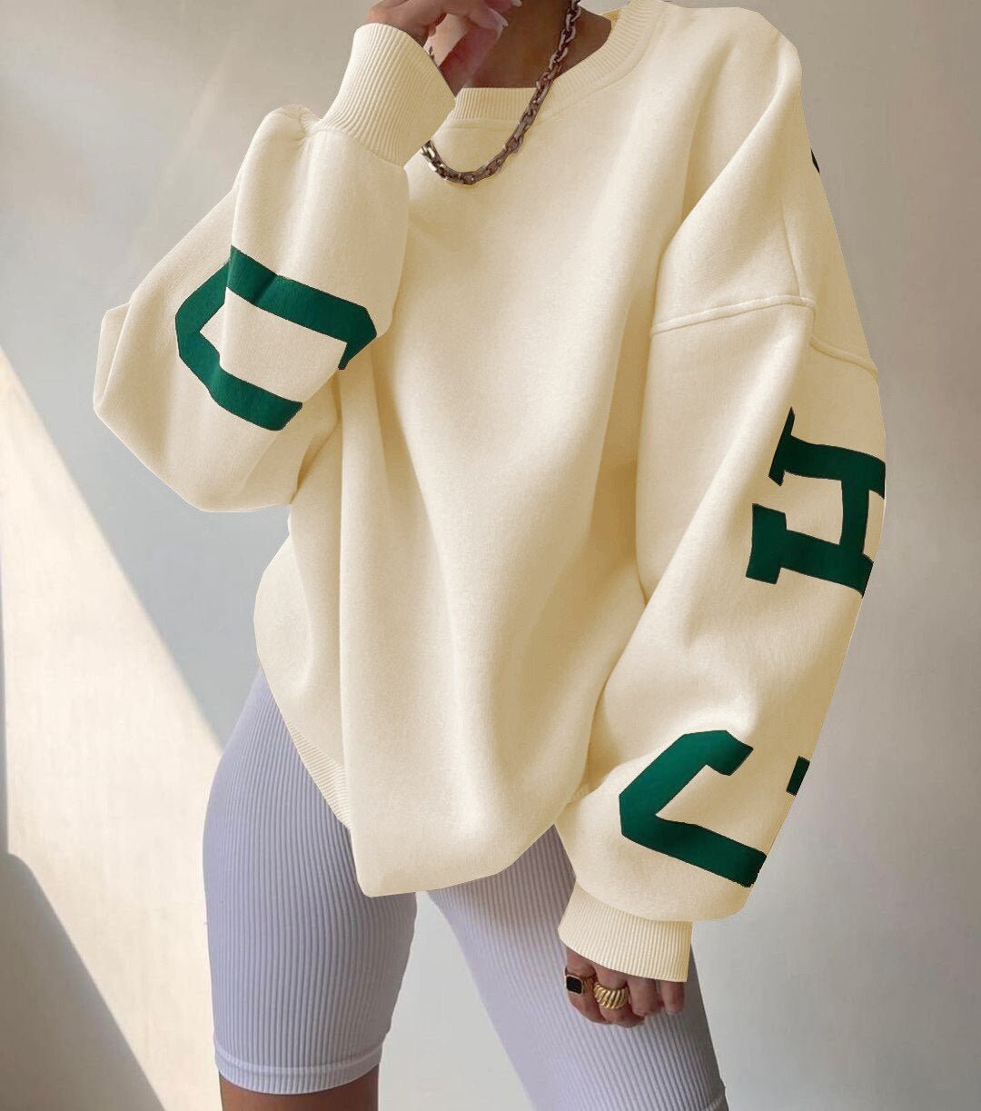 Women's Oversized Fleece-Lined Varsity Sleeve Crewneck Sweatshirt - Cream