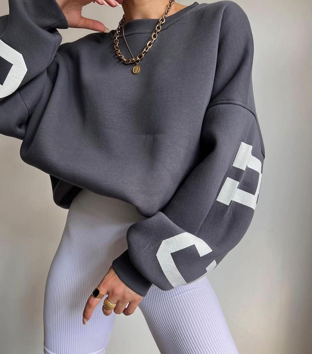 Women's Oversized Fleece-Lined Varsity Sleeve Crewneck Sweatshirt - Grey