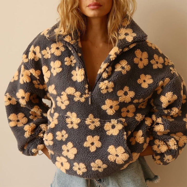 Women's Oversized Floral Teddy Fleece Half-Zip Jacket - Yellow