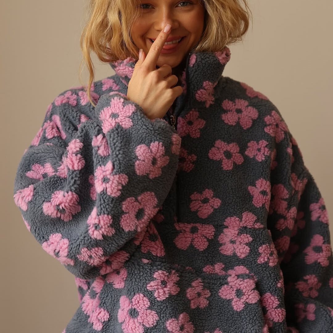 Women's Oversized Floral Teddy Fleece Half-Zip Jacket - Pink