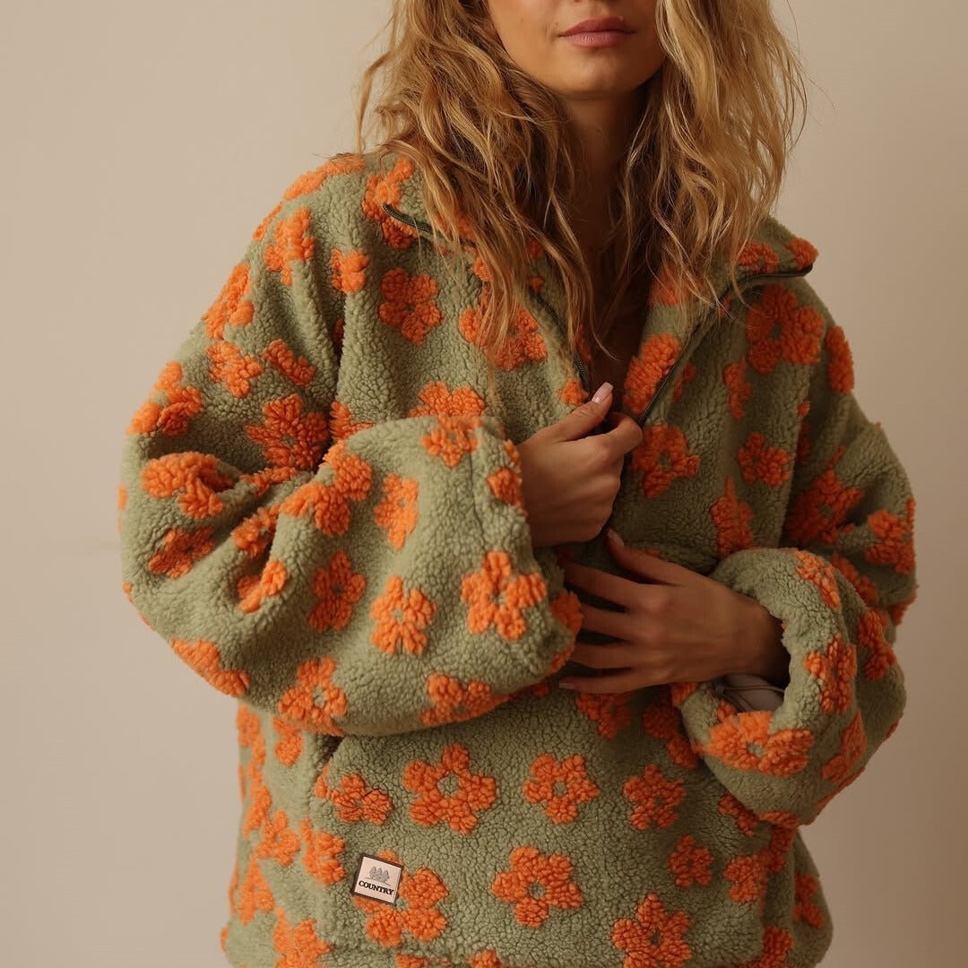 Women's Oversized Floral Teddy Fleece Half-Zip Jacket - Orange
