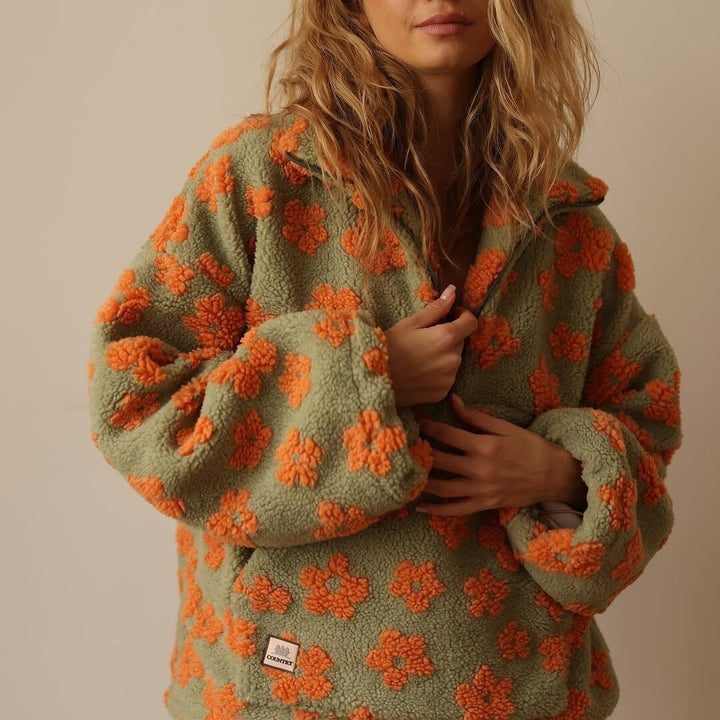 Women's Oversized Floral Teddy Fleece Half-Zip Jacket - Orange