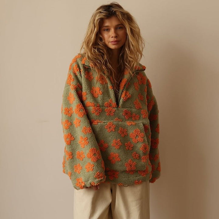 Women's Oversized Floral Teddy Fleece Half-Zip Jacket