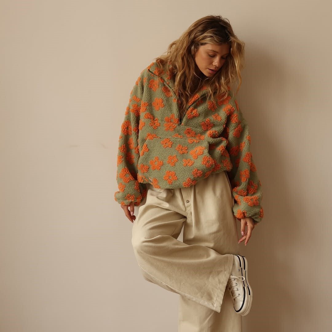 Women's Oversized Floral Teddy Fleece Half-Zip Jacket