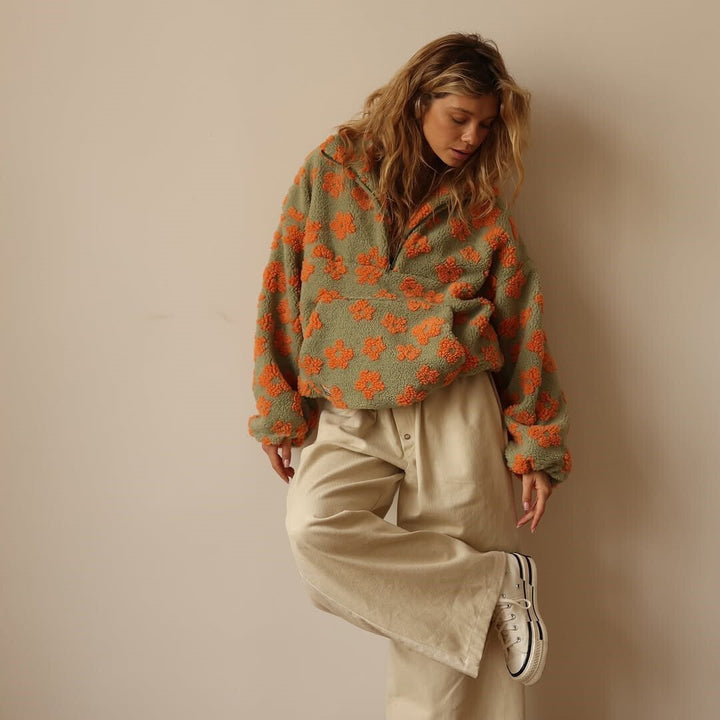Women's Oversized Floral Teddy Fleece Half-Zip Jacket