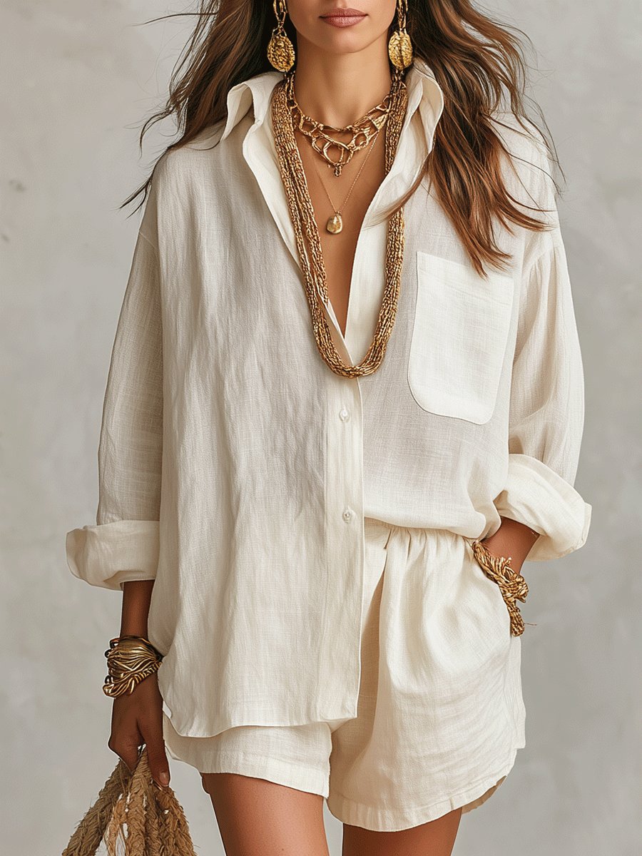 Women's Oversized Linen Button-Down Shirt Shorts Set - Off-White