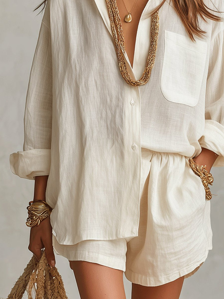 Women's Oversized Linen Button-Down Shirt Shorts Set