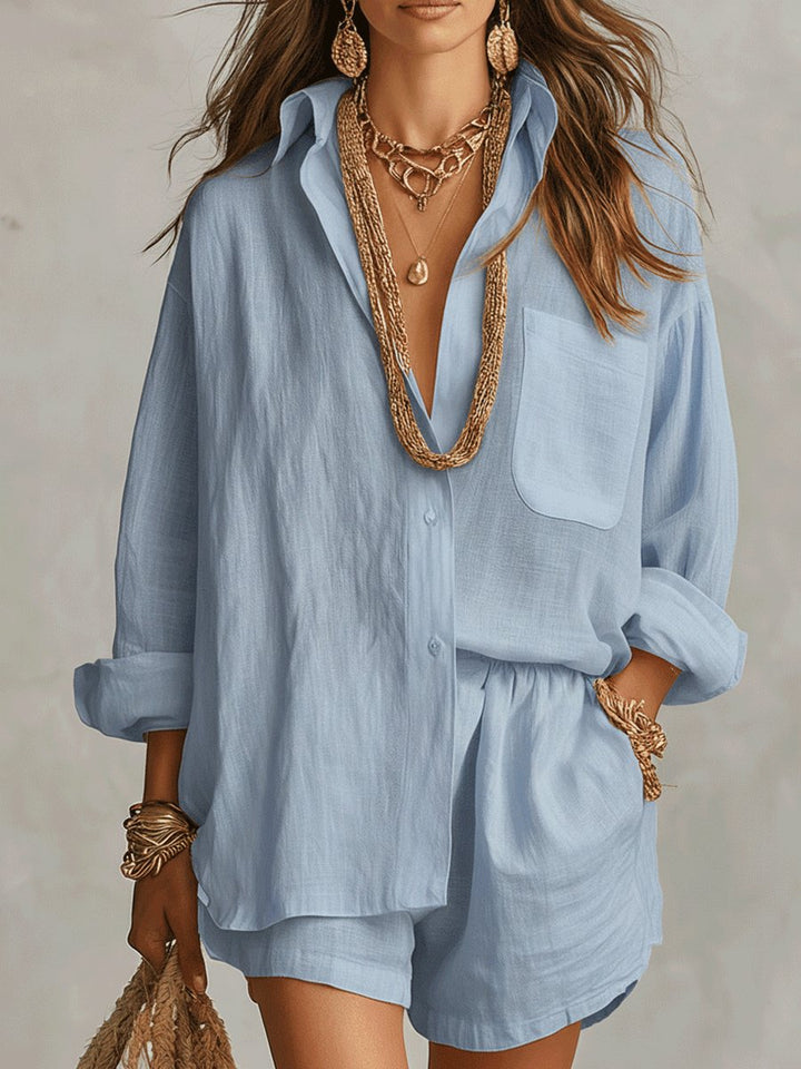 Women's Oversized Linen Button-Down Shirt Shorts Set - Blue