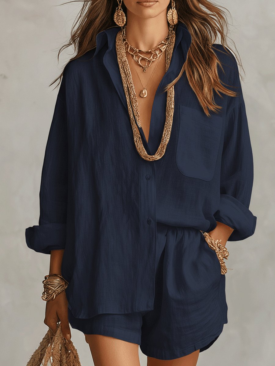 Women's Oversized Linen Button-Down Shirt Shorts Set - Dark Blue