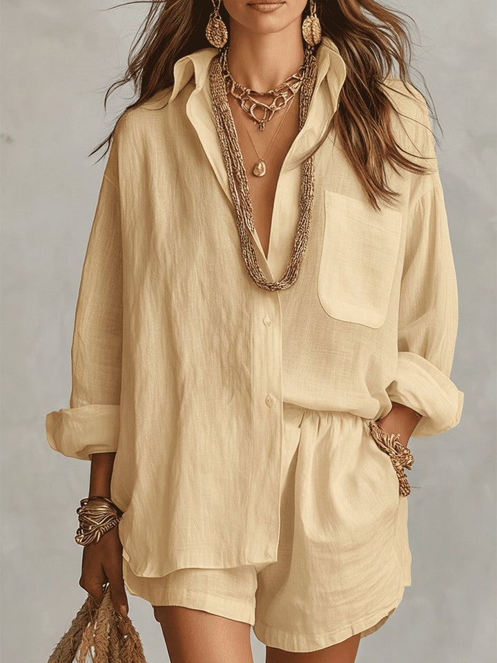 Women's Oversized Linen Button-Down Shirt Shorts Set - Yellow