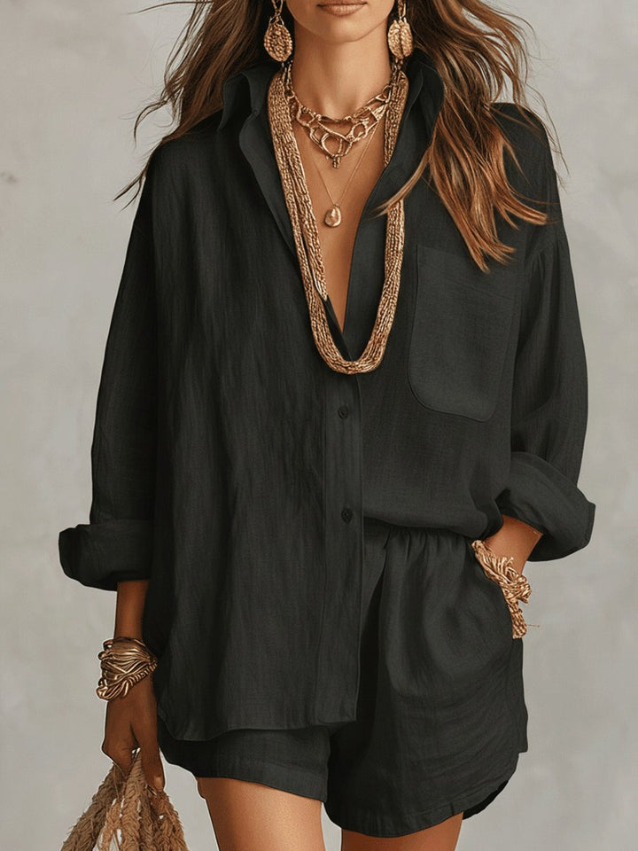 Women's Oversized Linen Button-Down Shirt Shorts Set - Black