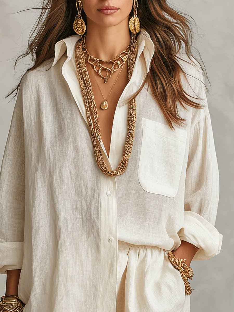 Women's Oversized Linen Button-Down Shirt Shorts Set