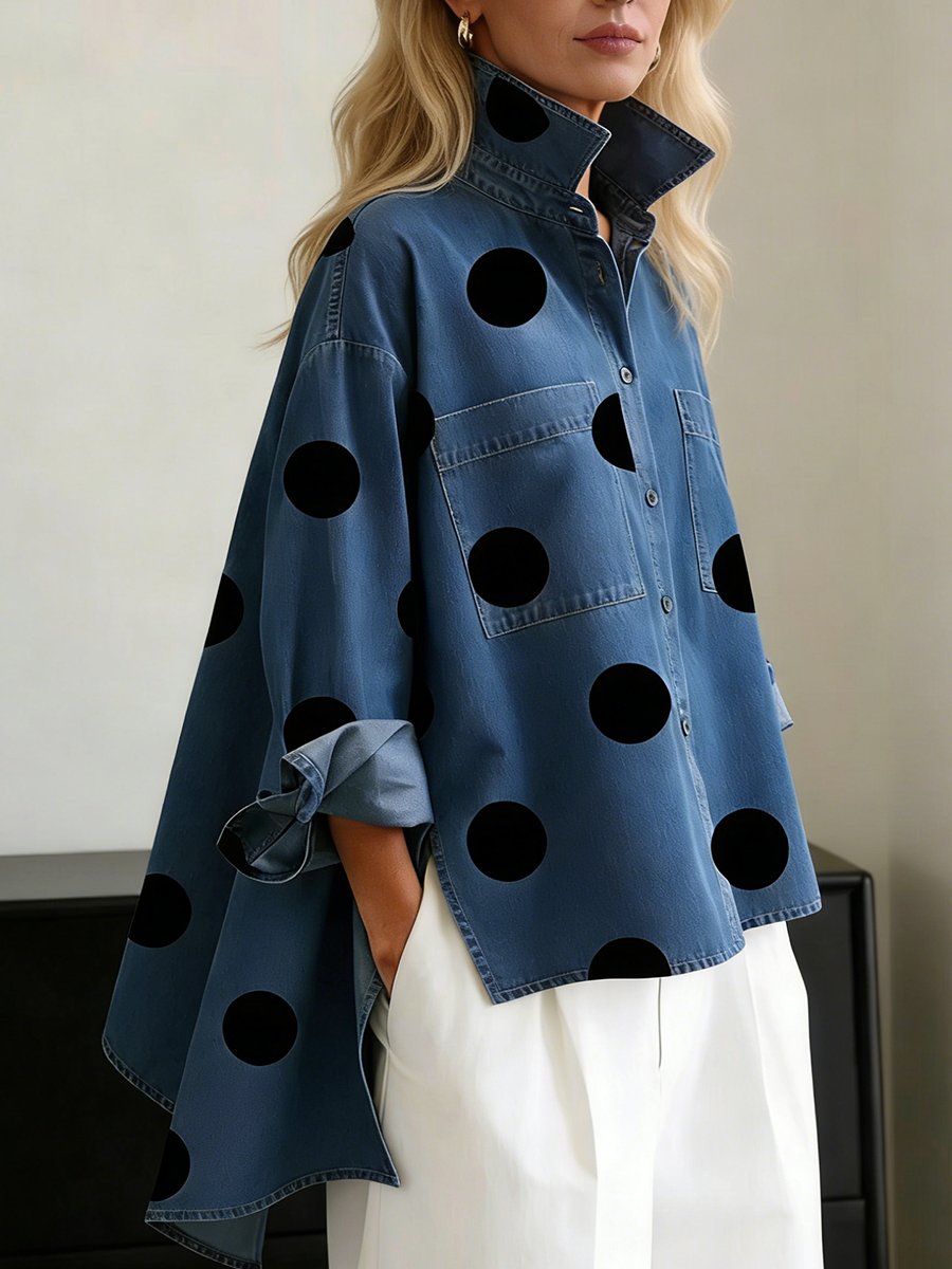 Women's Oversized Polka Dot Denim Long Sleeve Shirt - Blue