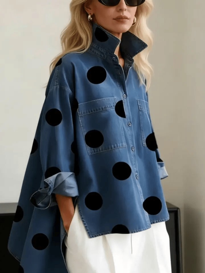 Women's Oversized Polka Dot Denim Long Sleeve Shirt