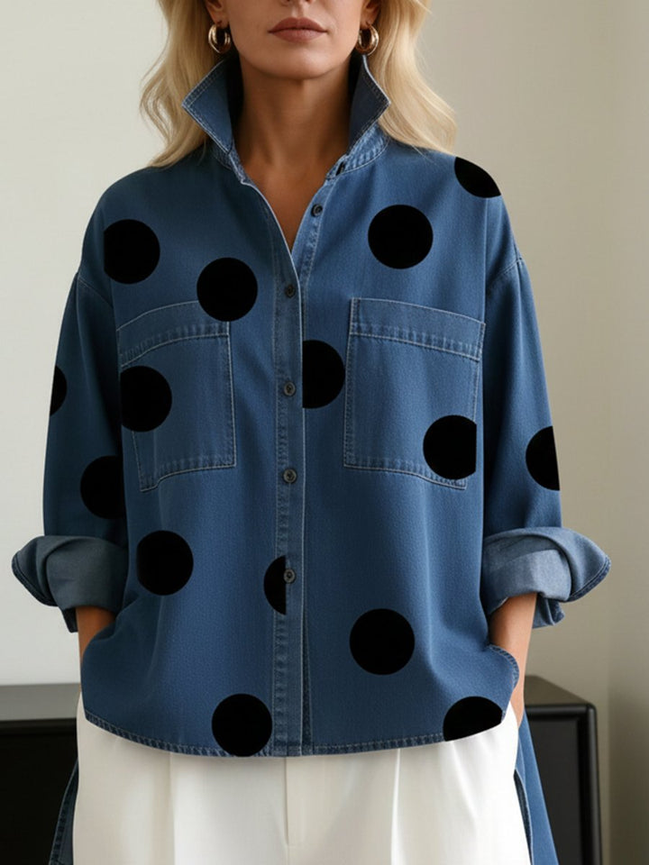 Women's Oversized Polka Dot Denim Long Sleeve Shirt
