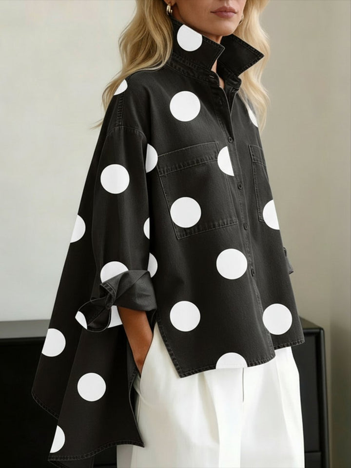 Women's Oversized Polka Dot Denim Long Sleeve Shirt - Black
