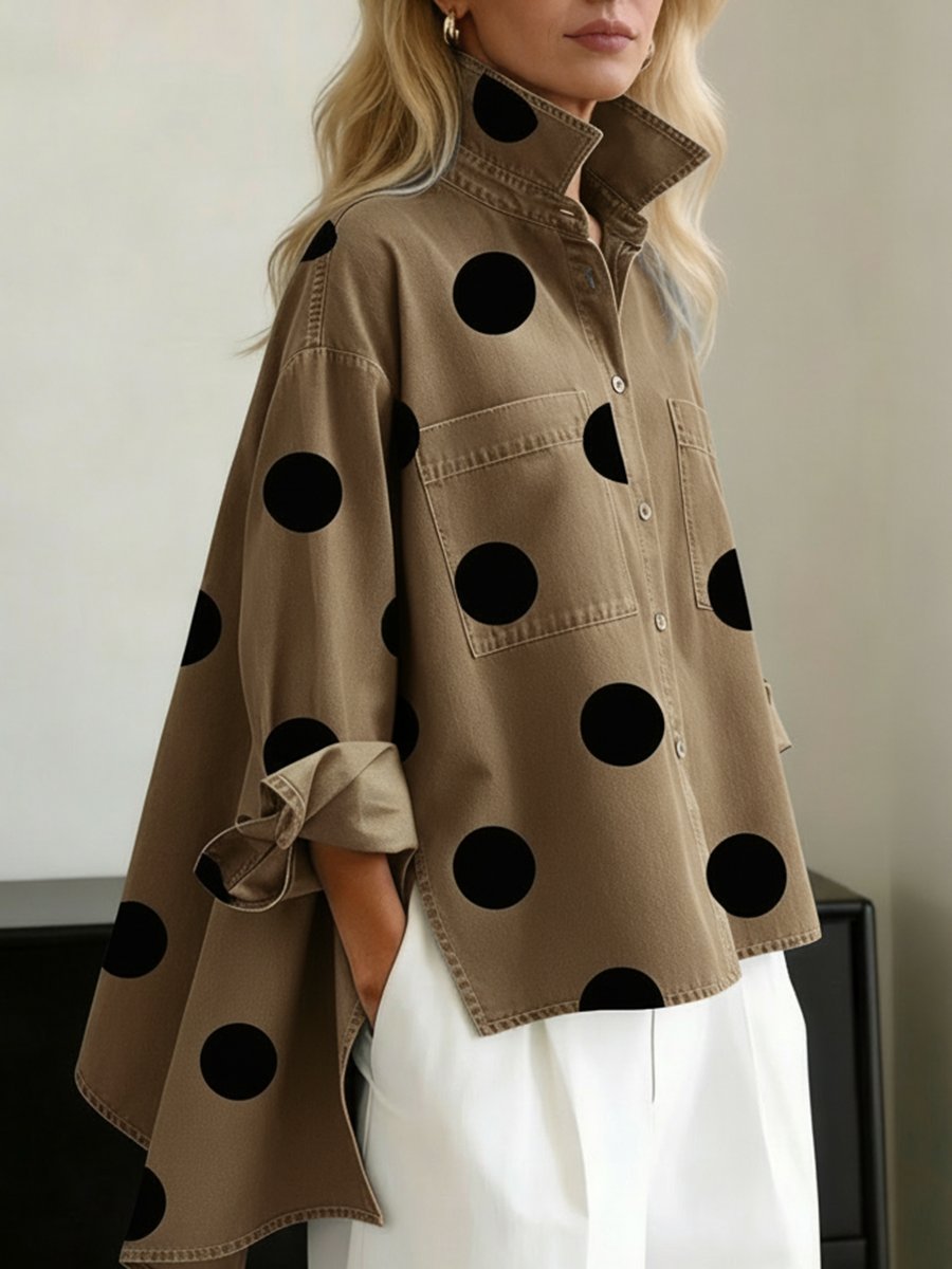 Women's Oversized Polka Dot Denim Long Sleeve Shirt - Khaki