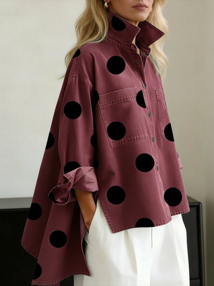 Women's Oversized Polka Dot Denim Long Sleeve Shirt - Red