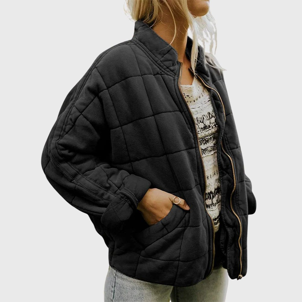 Women's Oversized Quilted Zip-Up Bomber Jacket - Black