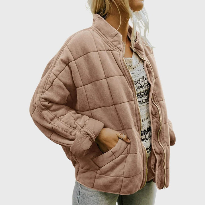 Women's Oversized Quilted Zip-Up Bomber Jacket - Khaki