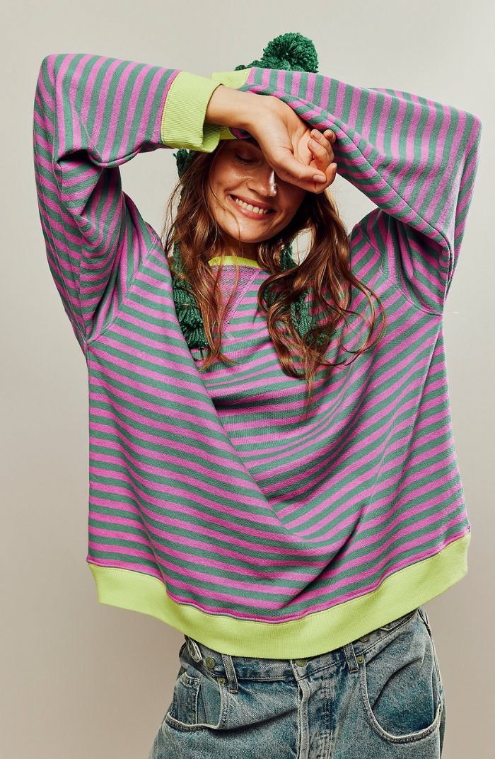 Women's Oversized Striped Drop-Shoulder Sweatshirt - Green & Pink