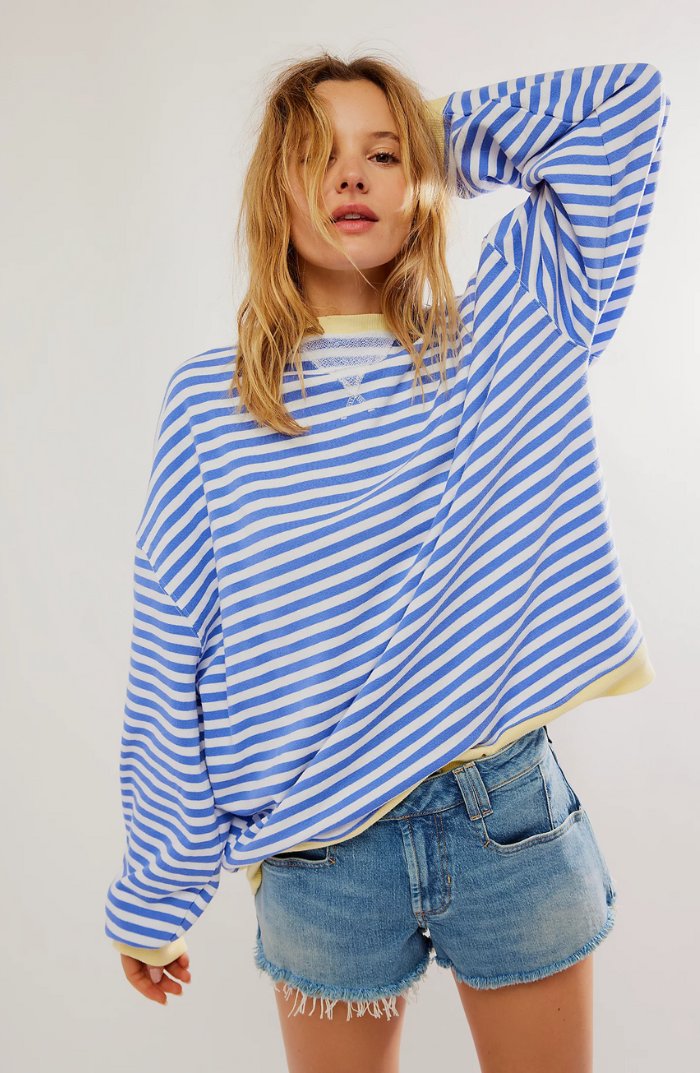 Women's Oversized Striped Drop-Shoulder Sweatshirt - Sky Blue