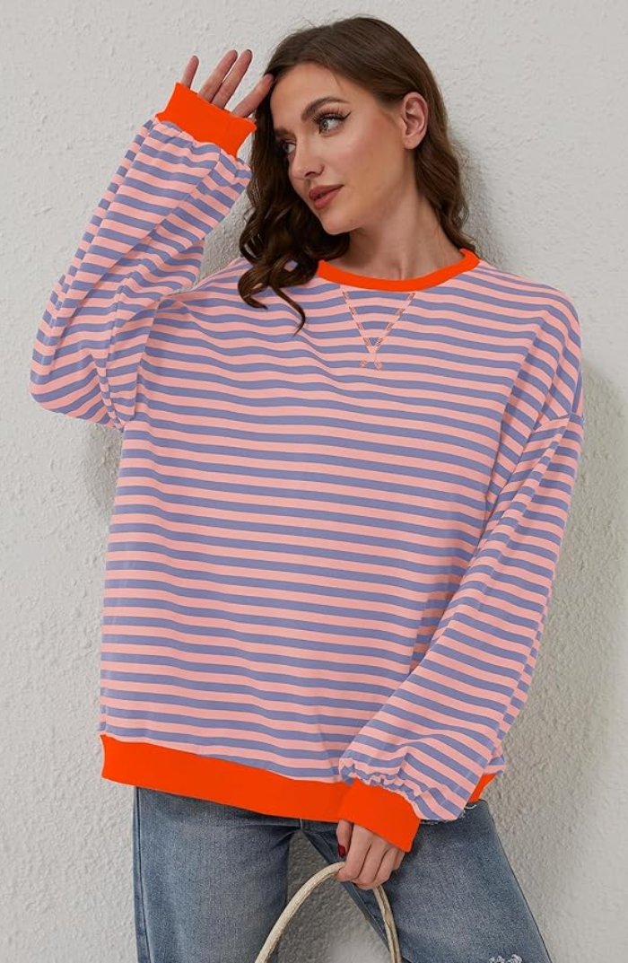 Women's Oversized Striped Drop-Shoulder Sweatshirt - Orange & Blue