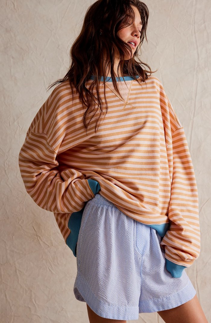Women's Oversized Striped Drop-Shoulder Sweatshirt - Orange Stripes