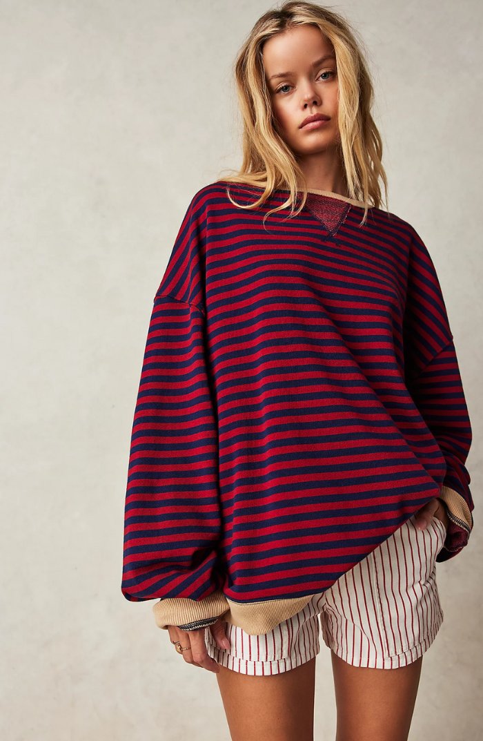 Women's Oversized Striped Drop-Shoulder Sweatshirt - Black & Red
