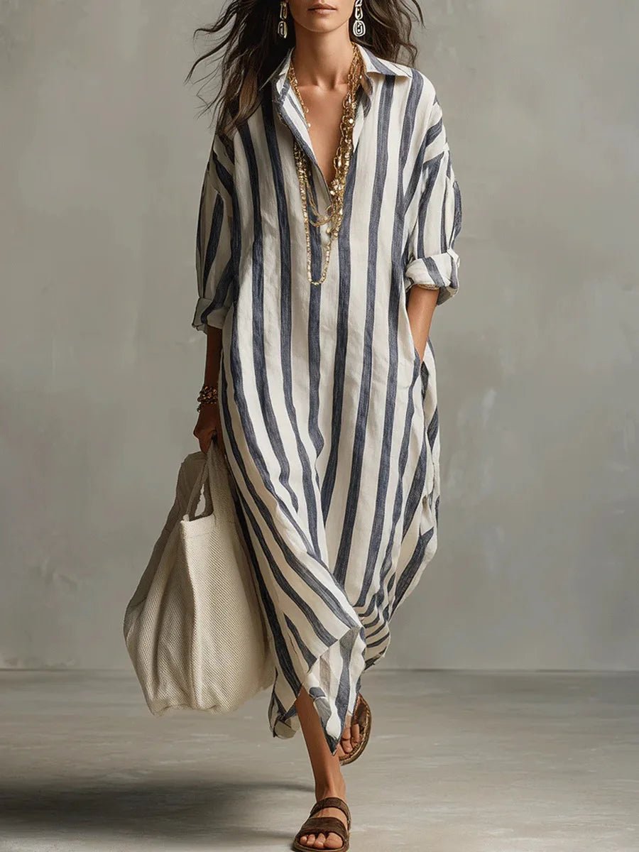 Women's Oversized Striped Linen Maxi Shirt Dress - Blue