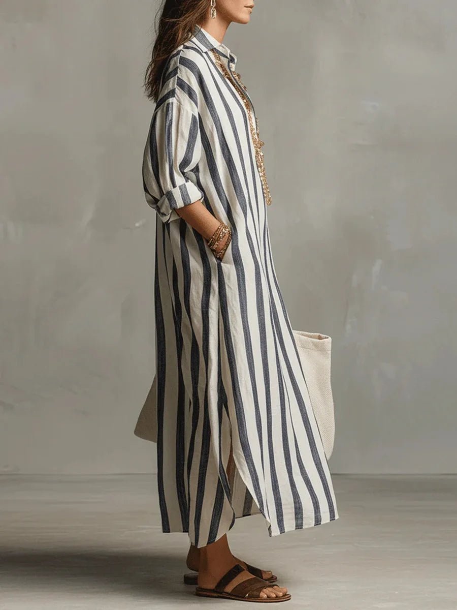 Women's Oversized Striped Linen Maxi Shirt Dress