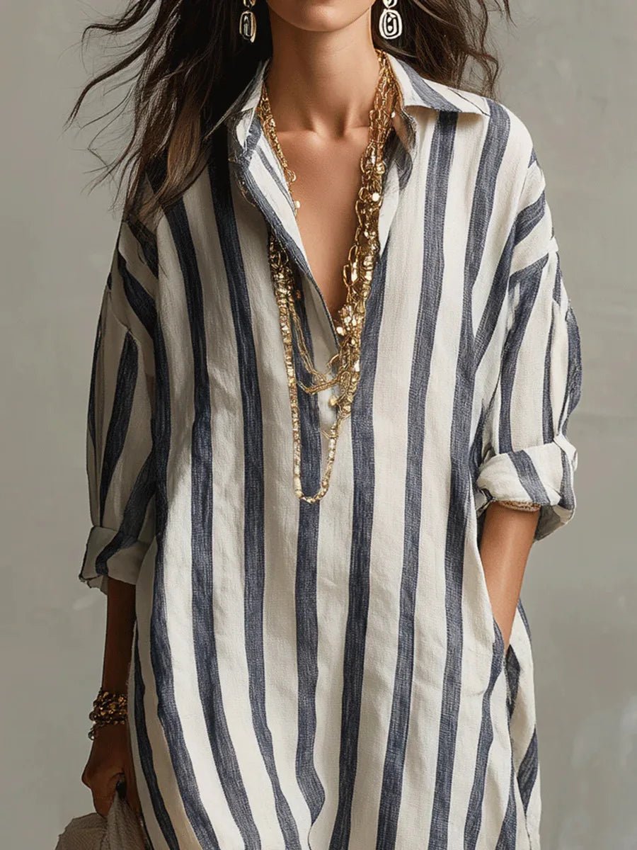 Women's Oversized Striped Linen Maxi Shirt Dress