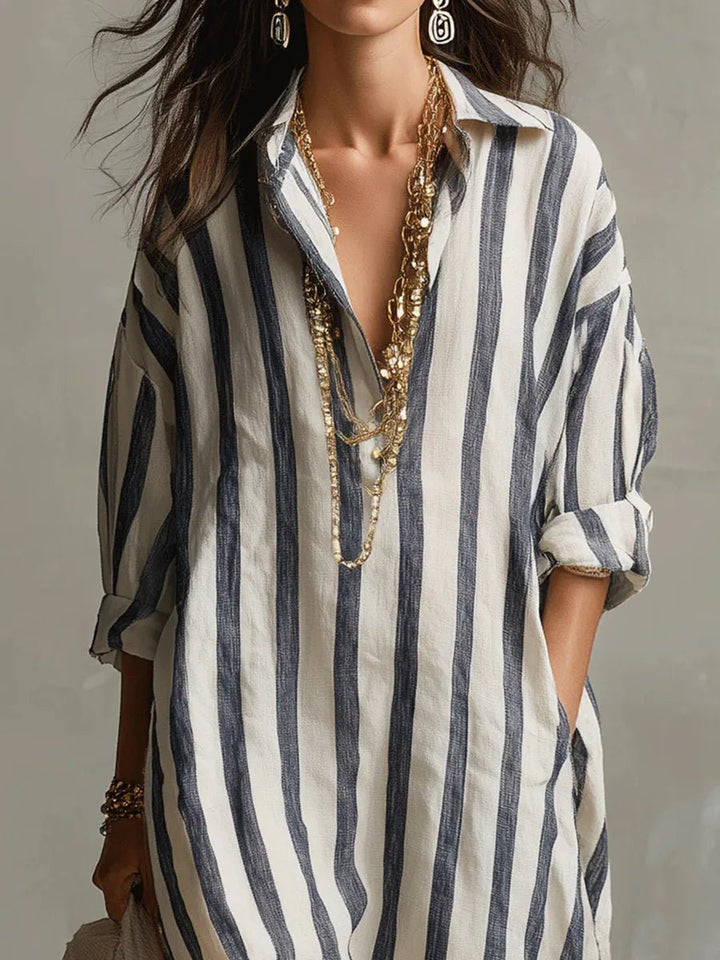 Women's Oversized Striped Linen Maxi Shirt Dress