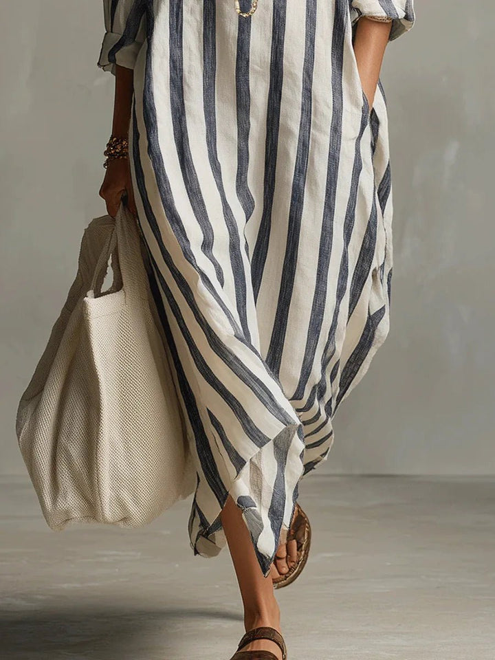 Women's Oversized Striped Linen Maxi Shirt Dress