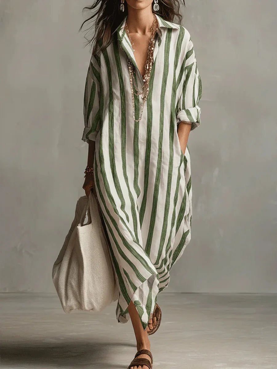 Women's Oversized Striped Linen Maxi Shirt Dress - Green