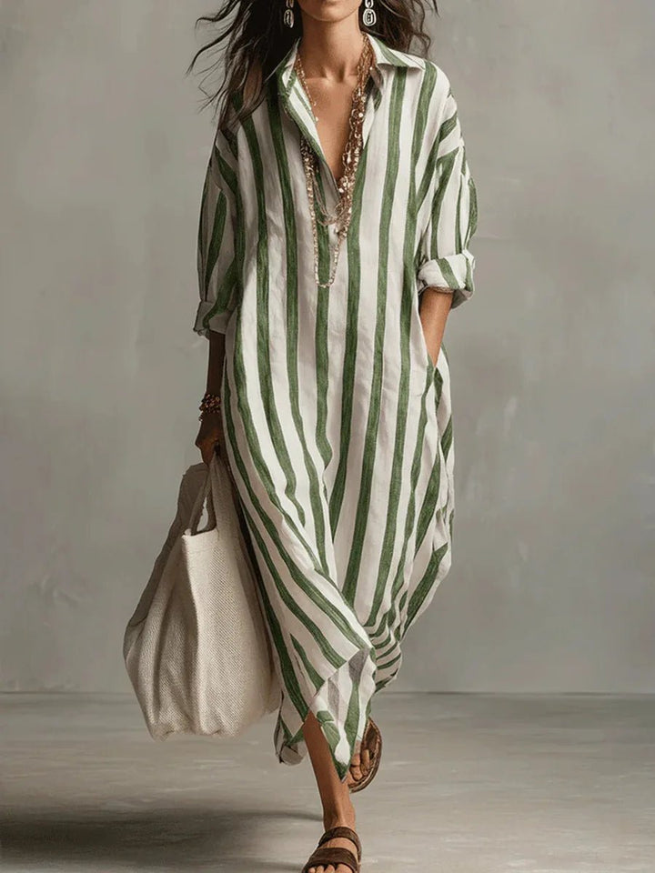 Women's Oversized Striped Linen Maxi Shirt Dress - Green