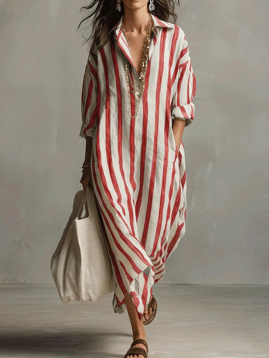 Women's Oversized Striped Linen Maxi Shirt Dress - Red