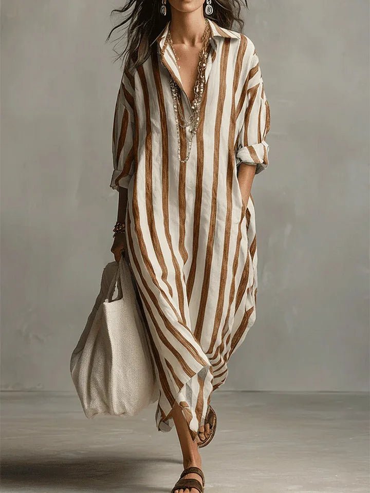 Women's Oversized Striped Linen Maxi Shirt Dress - Earthy Yellow