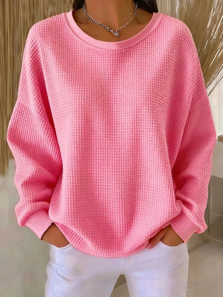 Women's Oversized Waffle-Knit Round-Neck Pullover Sweater - Pink