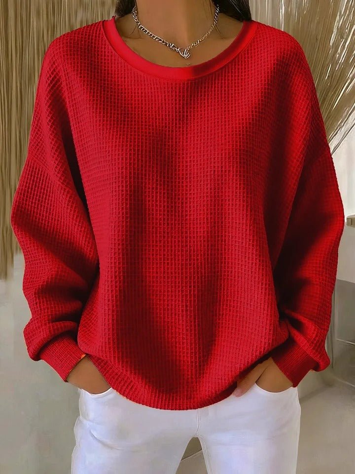 Women's Oversized Waffle-Knit Round-Neck Pullover Sweater - Red