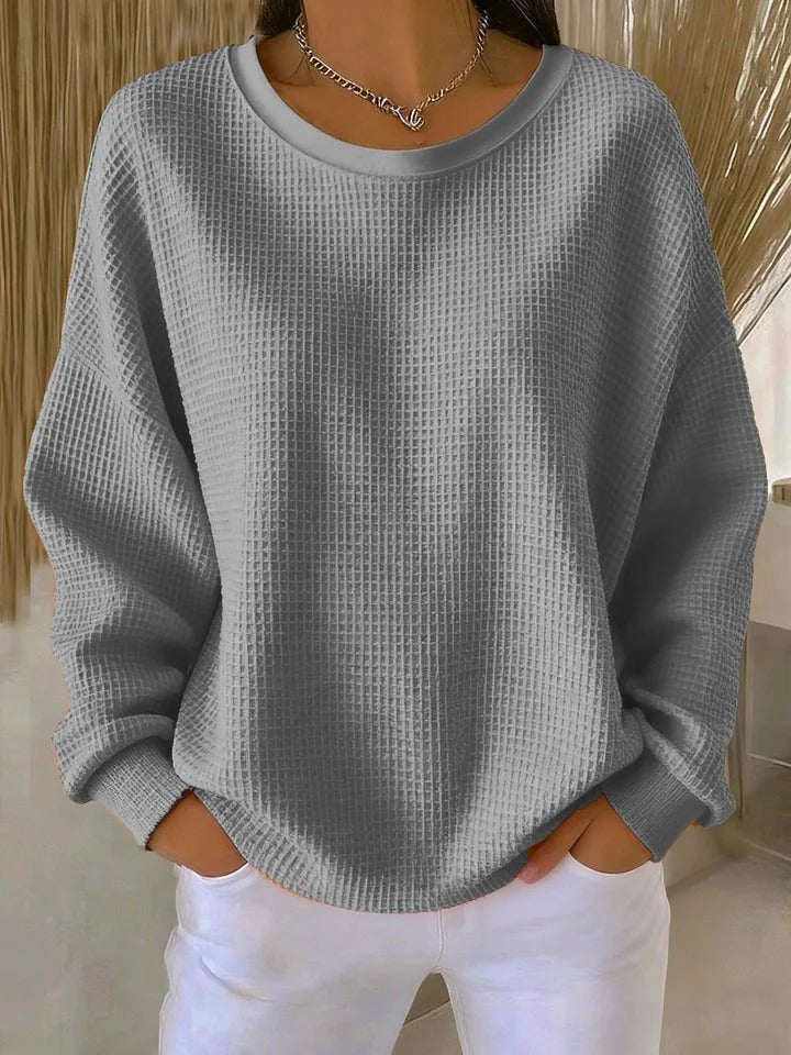 Women's Oversized Waffle-Knit Round-Neck Pullover Sweater - Grey