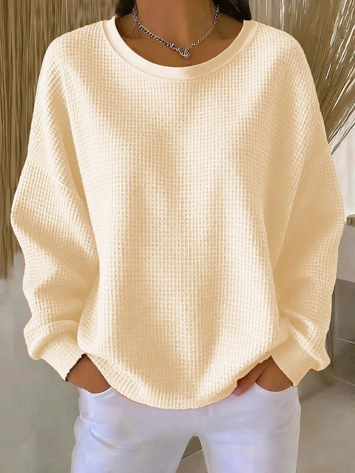 Women's Oversized Waffle-Knit Round-Neck Pullover Sweater - Apricot