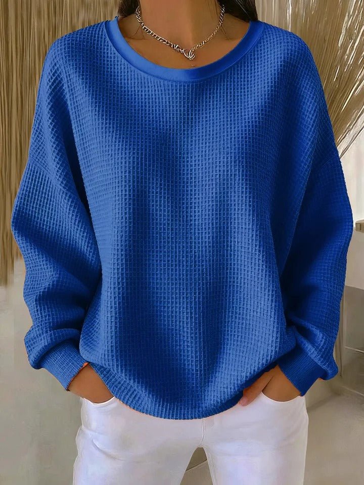 Women's Oversized Waffle-Knit Round-Neck Pullover Sweater - Blue